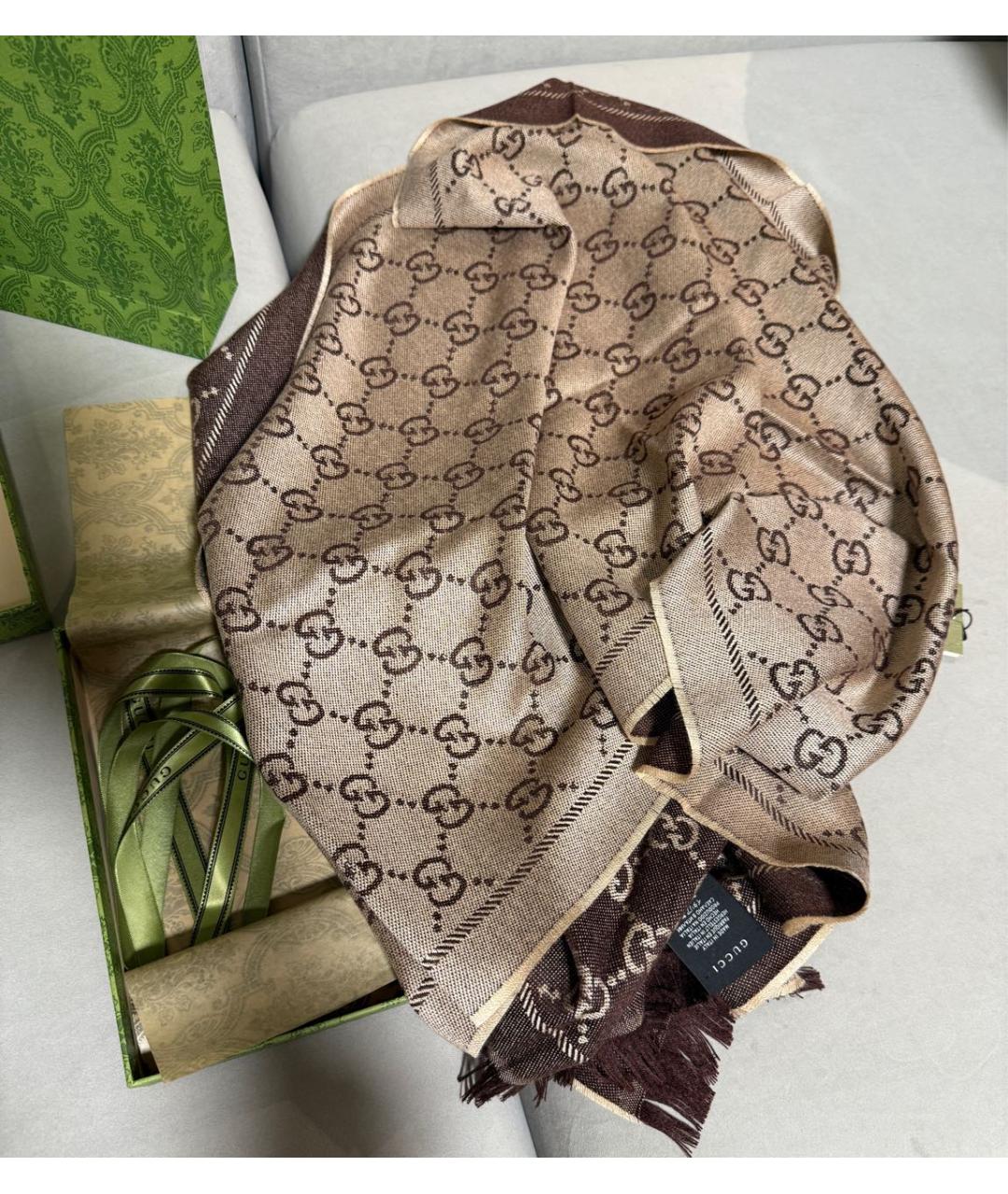 GUCCI Коричневый шерстяной шарф, фото 2