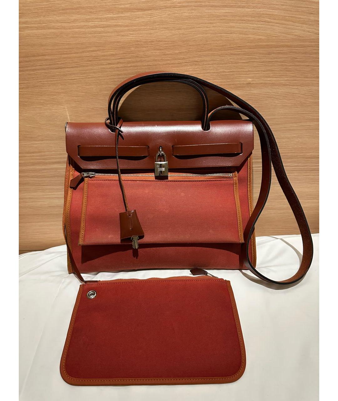 HERMES Бордовая льняная сумка с короткими ручками, фото 2