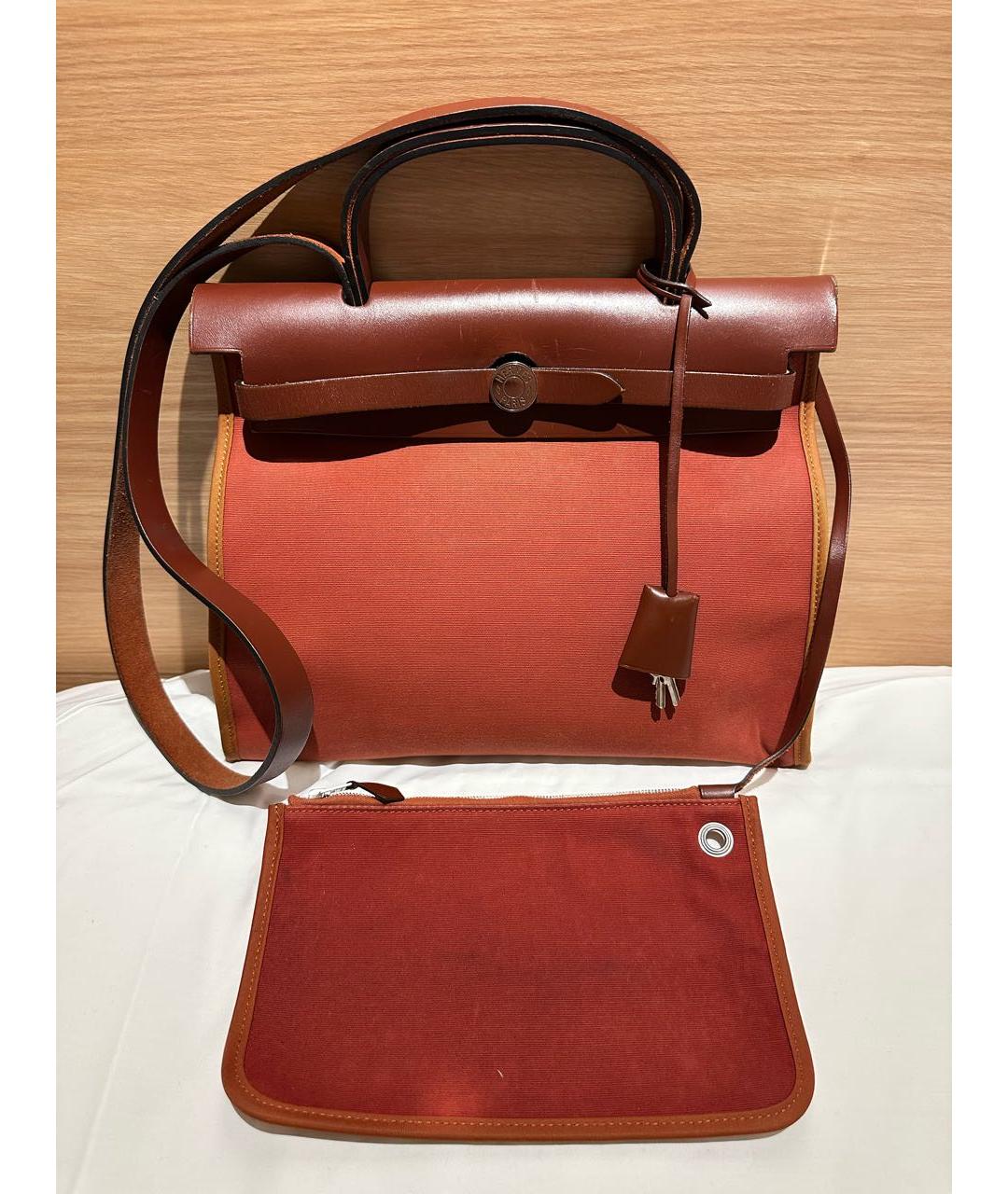 HERMES Бордовая льняная сумка с короткими ручками, фото 7
