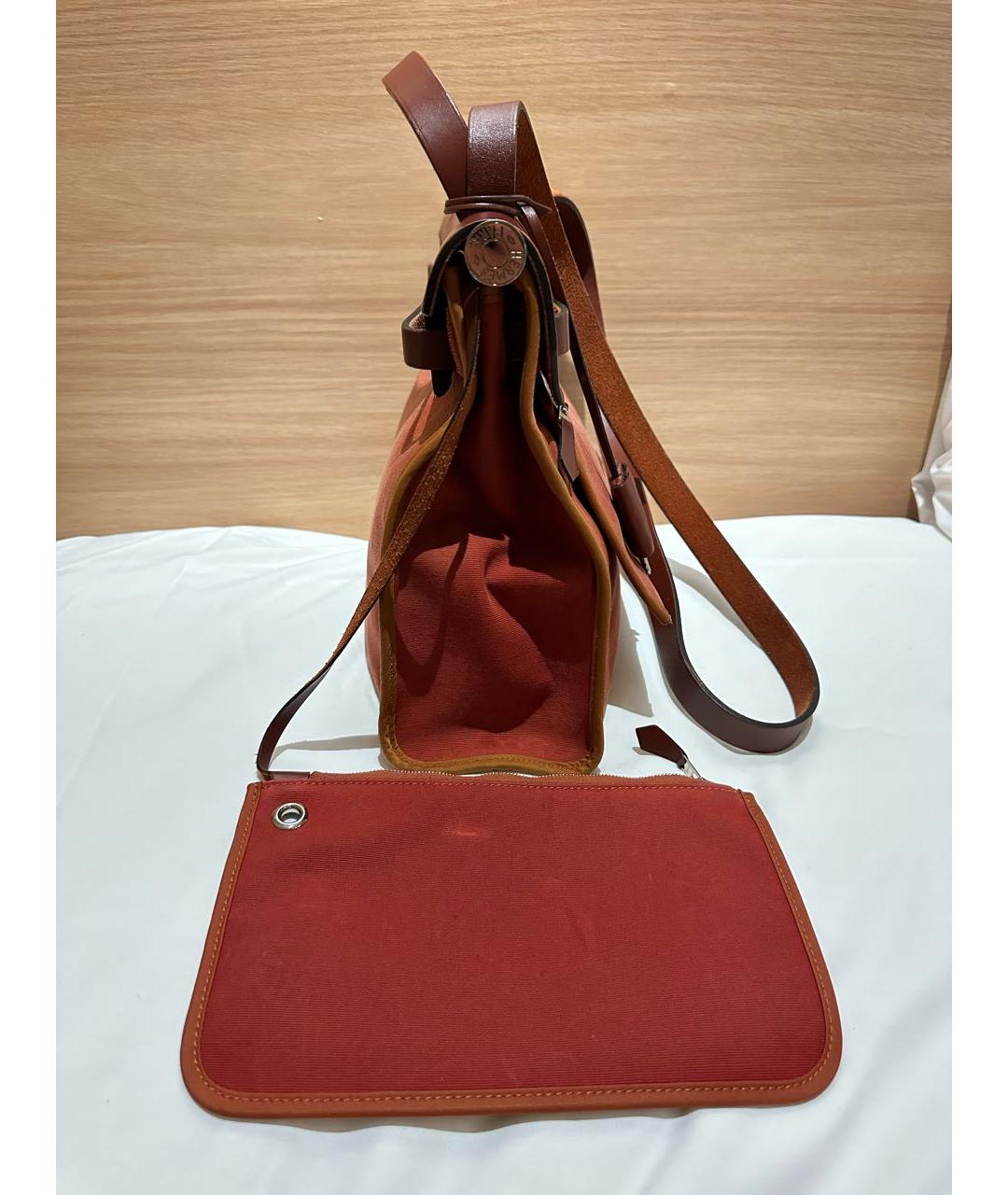 HERMES Бордовая льняная сумка с короткими ручками, фото 4