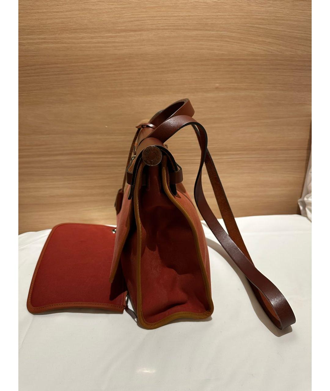 HERMES Бордовая льняная сумка с короткими ручками, фото 3