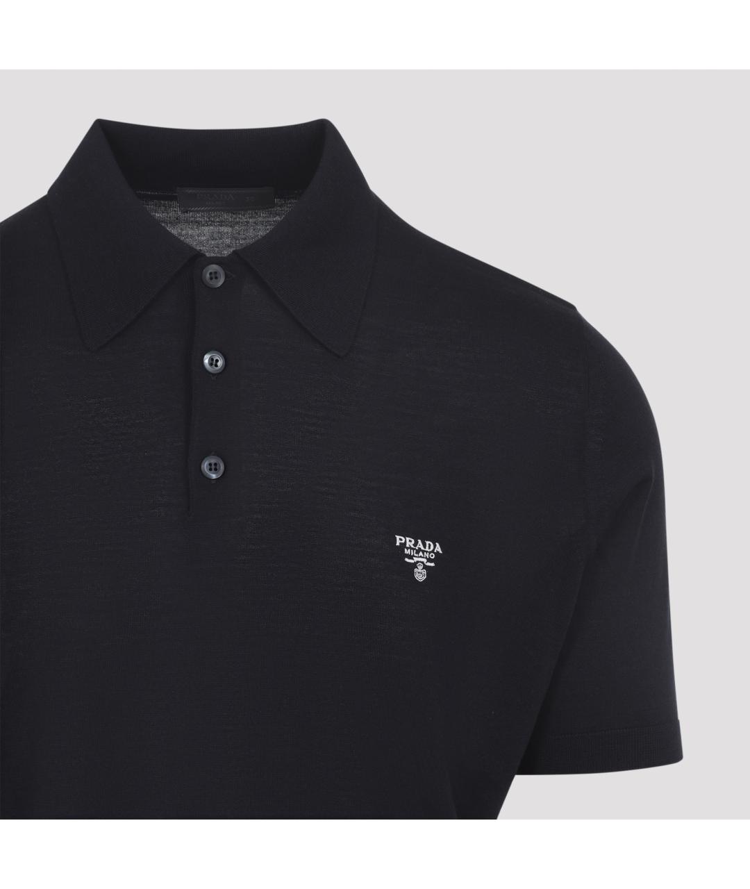 PRADA Черное хлопко-шерстяное поло с коротким рукавом, фото 4
