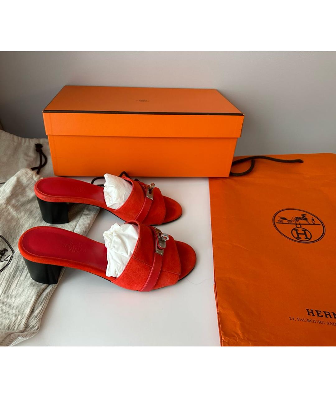 HERMES Оранжевое замшевые мюли, фото 3