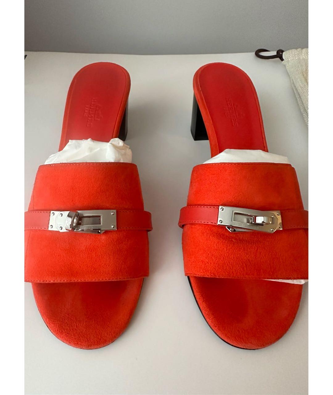 HERMES Оранжевое замшевые мюли, фото 2