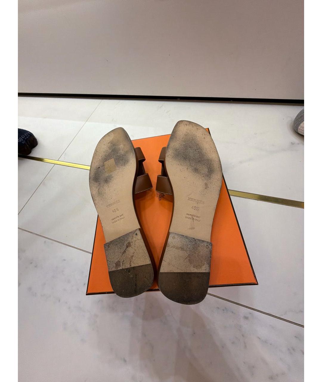 HERMES Коричневые кожаные шлепанцы, фото 5