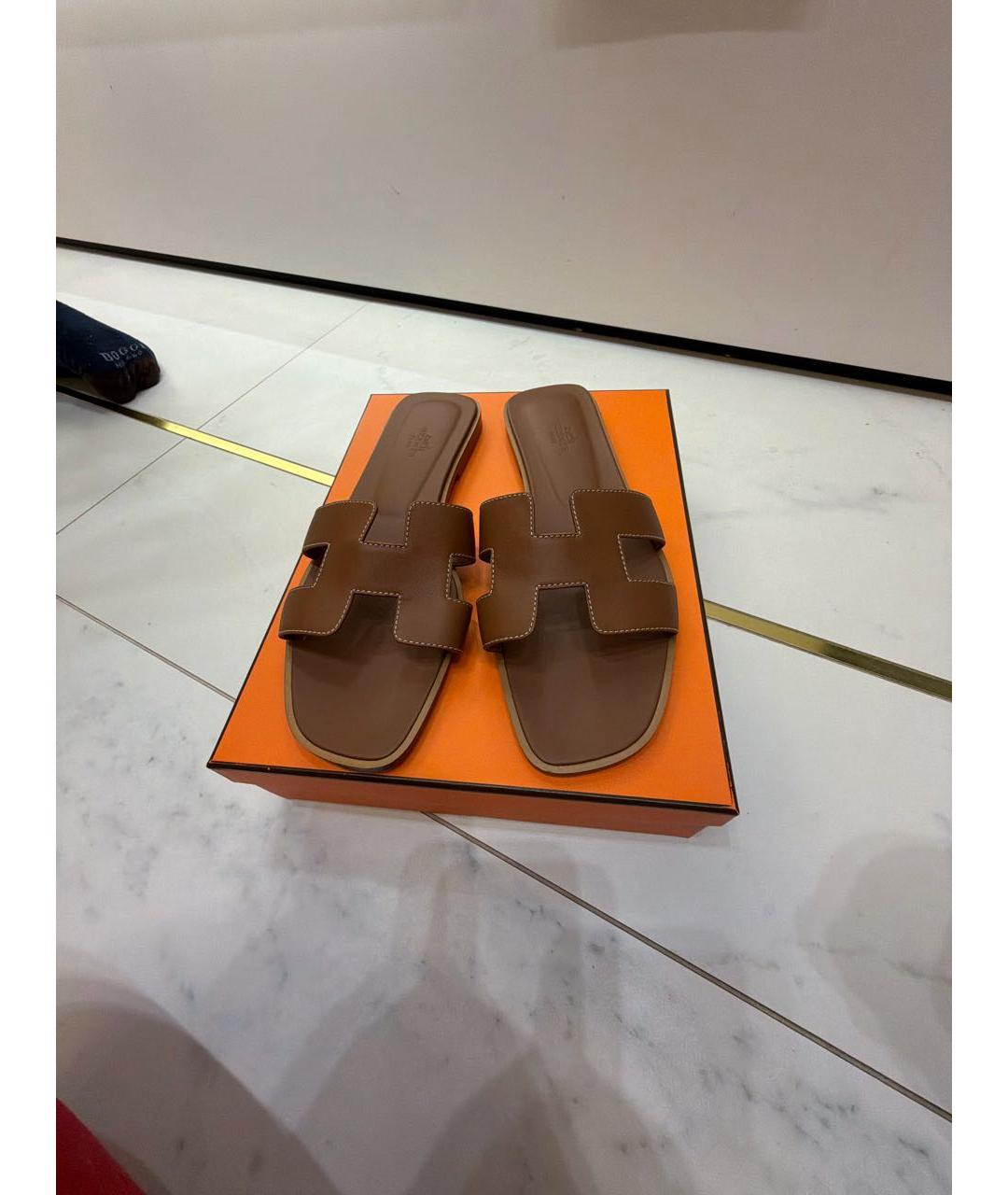 HERMES Коричневые кожаные шлепанцы, фото 2