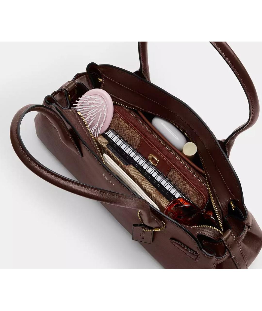 COACH Коричневая кожаная сумка с короткими ручками, фото 6