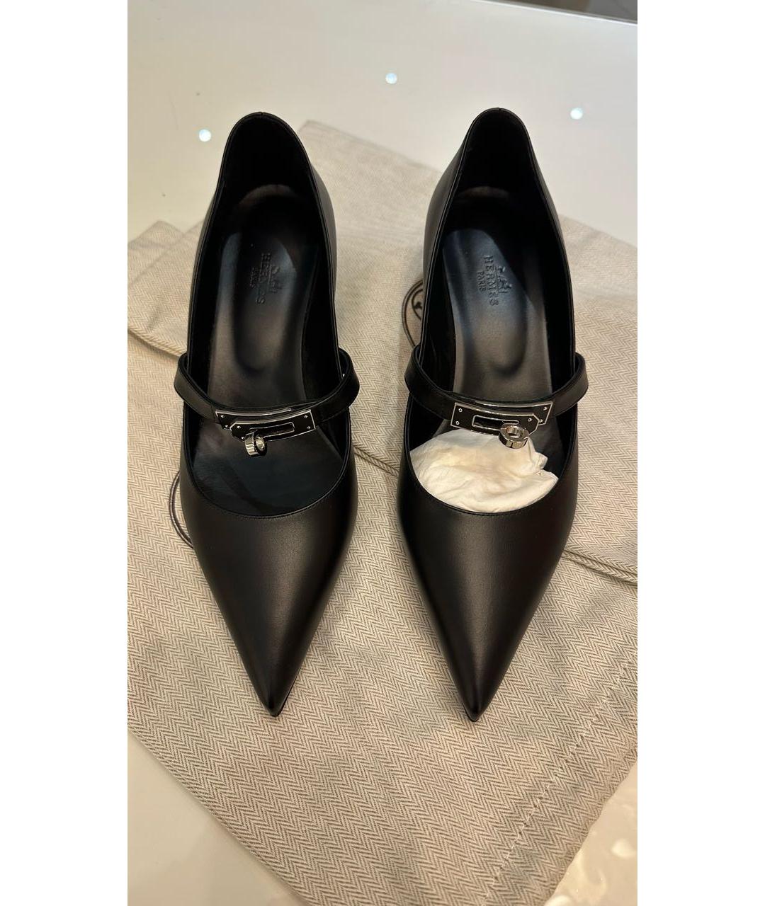 HERMES Черные кожаные лодочки на низком каблуке, фото 2