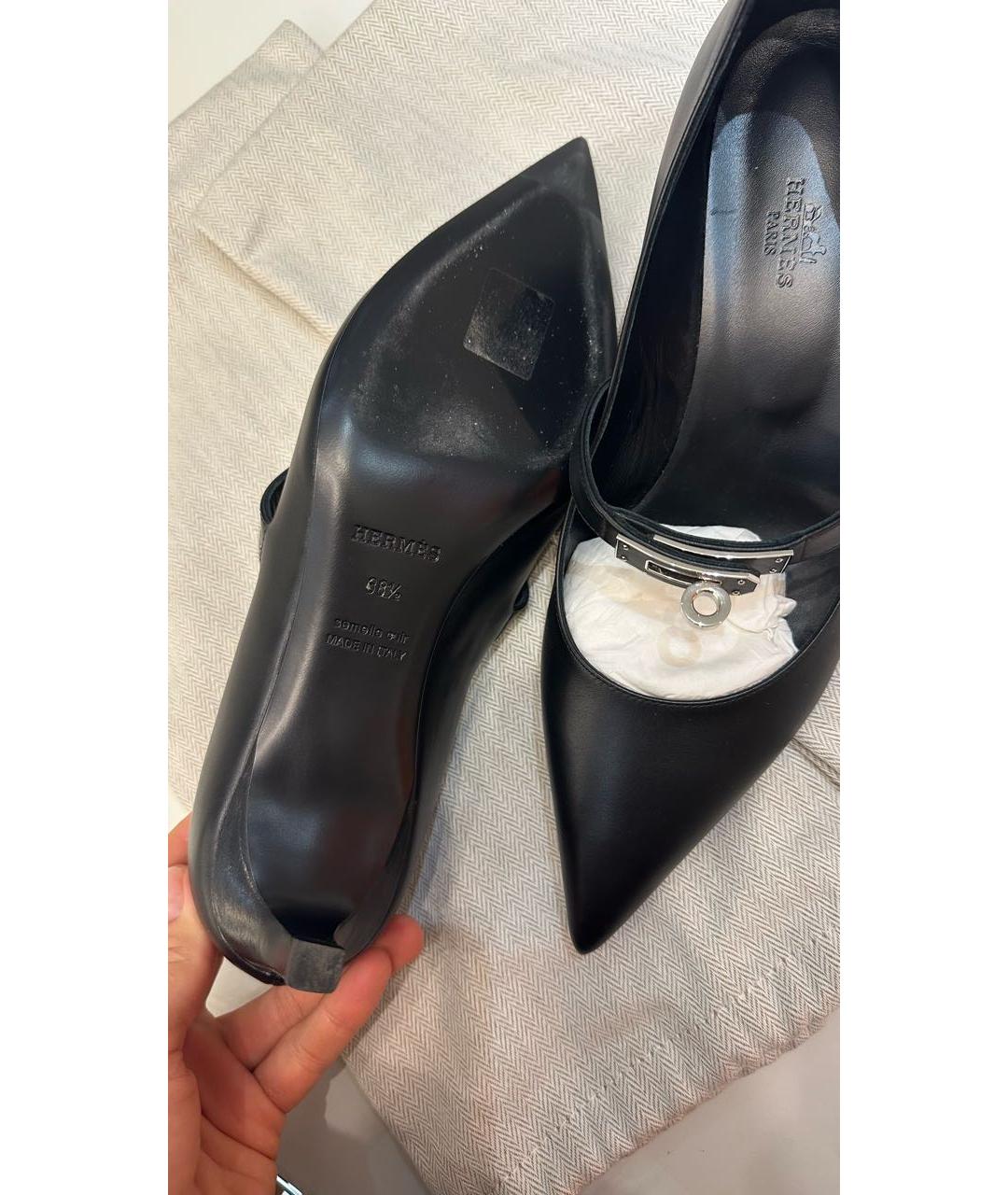 HERMES Черные кожаные лодочки на низком каблуке, фото 5
