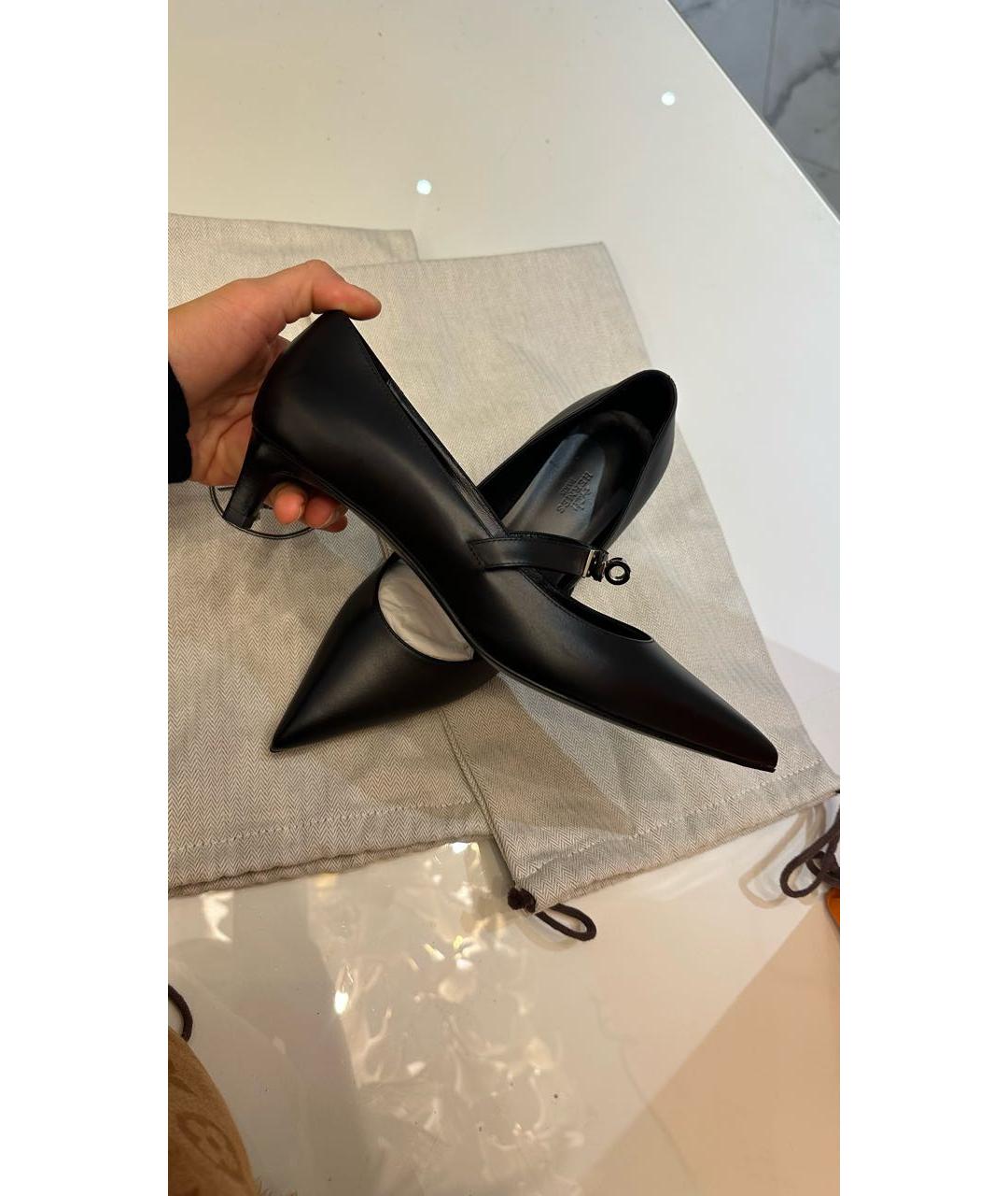 HERMES Черные кожаные лодочки на низком каблуке, фото 6