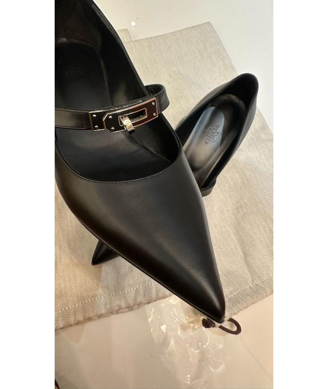 HERMES Черные кожаные лодочки на низком каблуке, фото 3