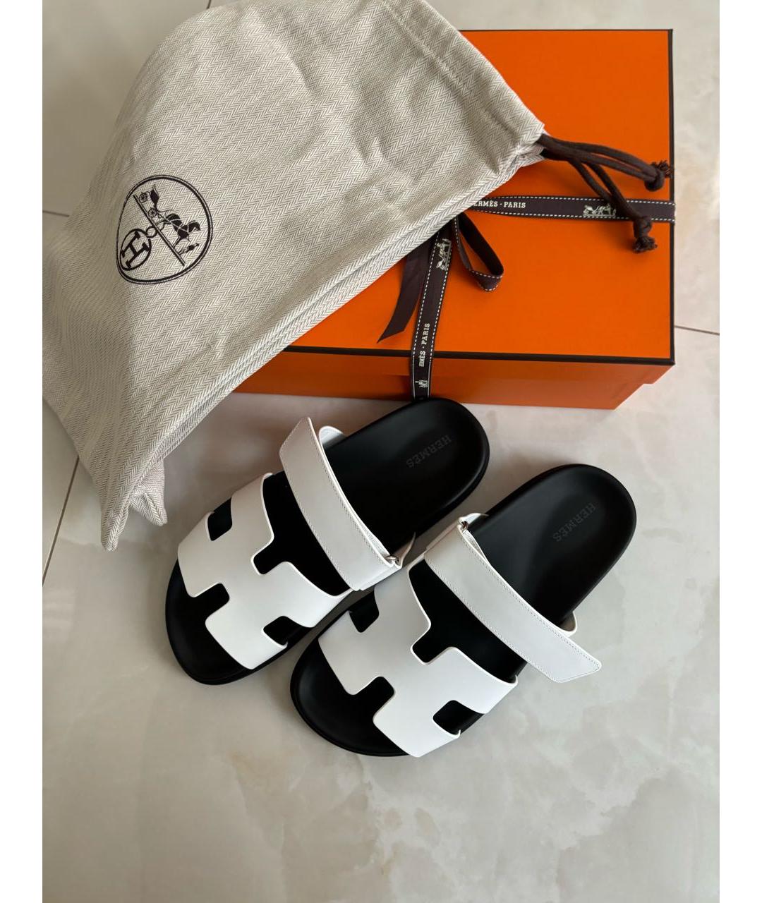 HERMES Белые кожаные шлепанцы, фото 7