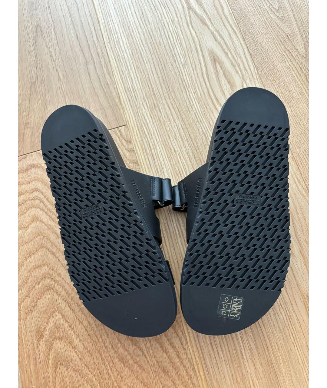 HERMES Черные кожаные шлепанцы, фото 3