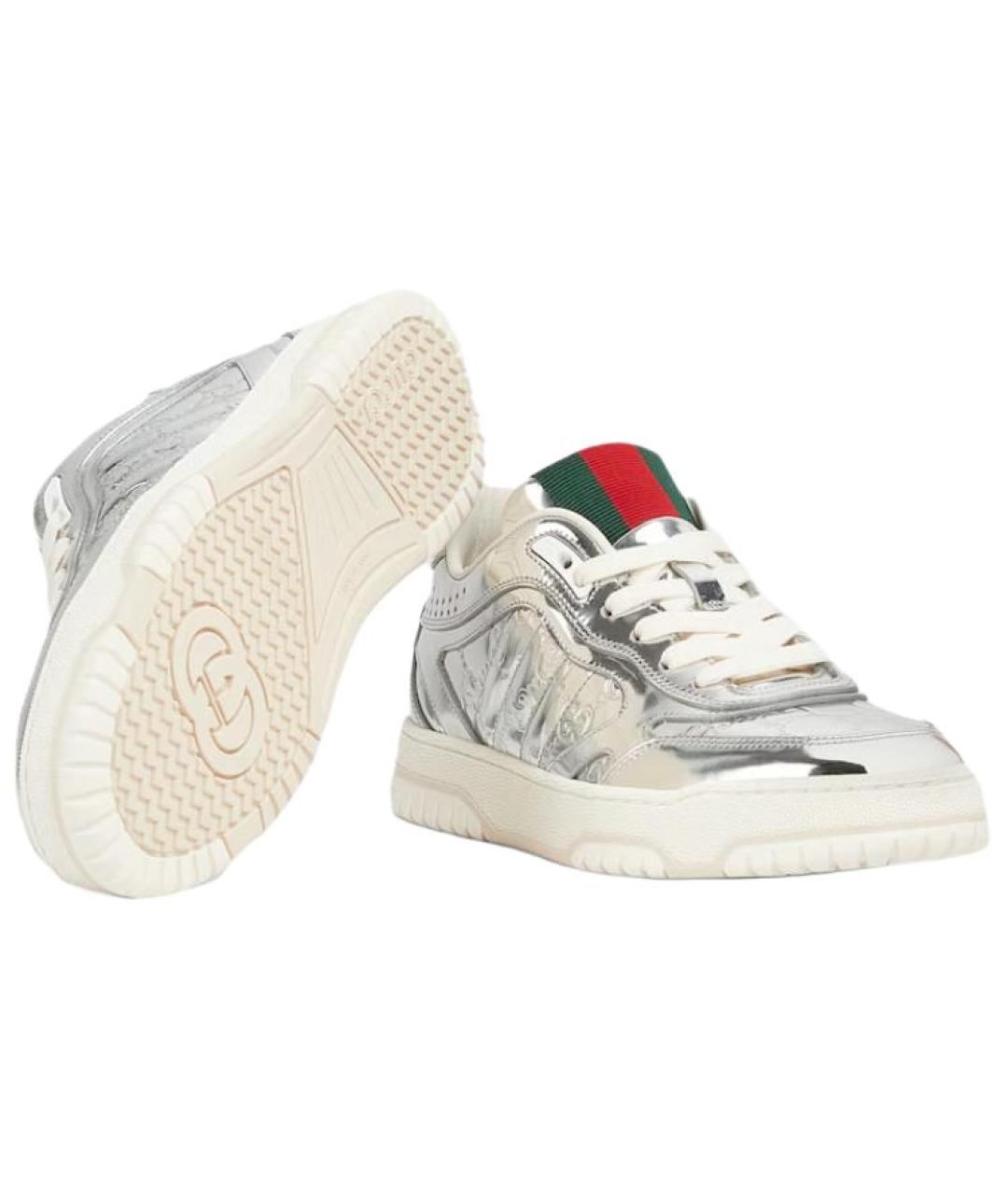 GUCCI Серебряные кожаные кроссовки, фото 6