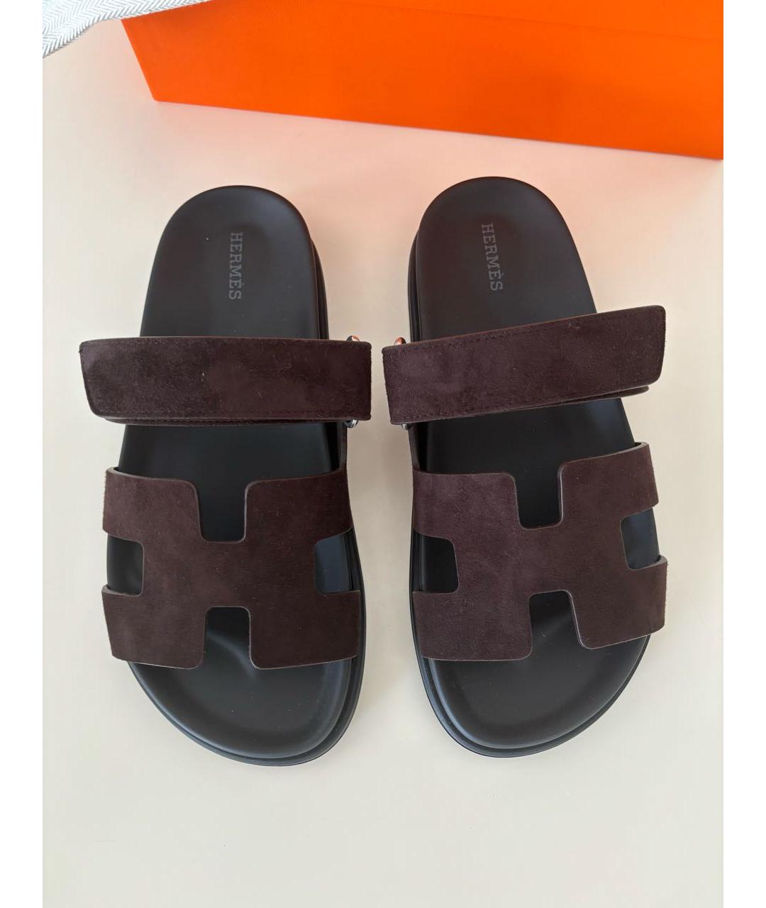 HERMES Коричневые замшевые шлепанцы, фото 2