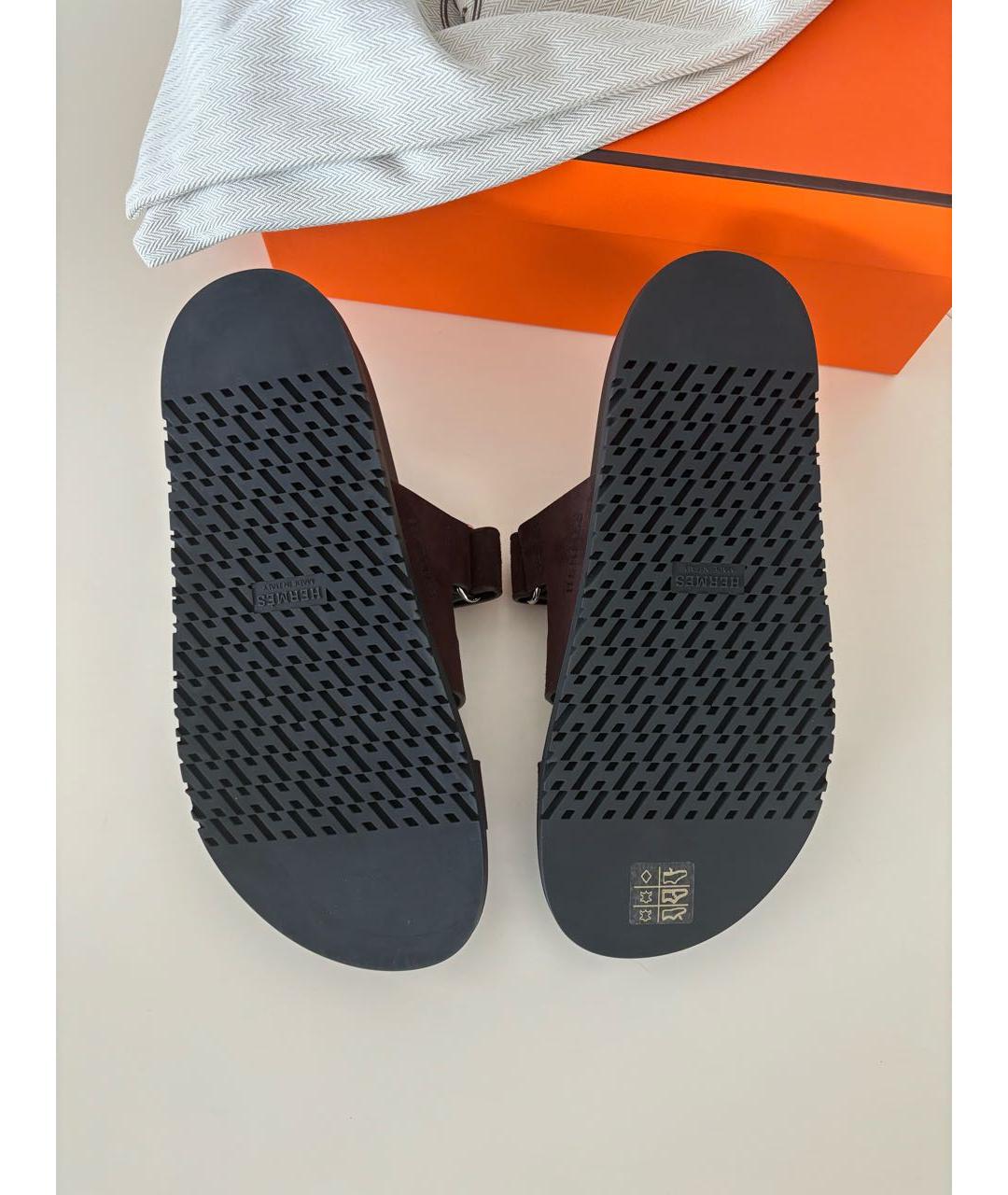 HERMES Коричневые замшевые шлепанцы, фото 3