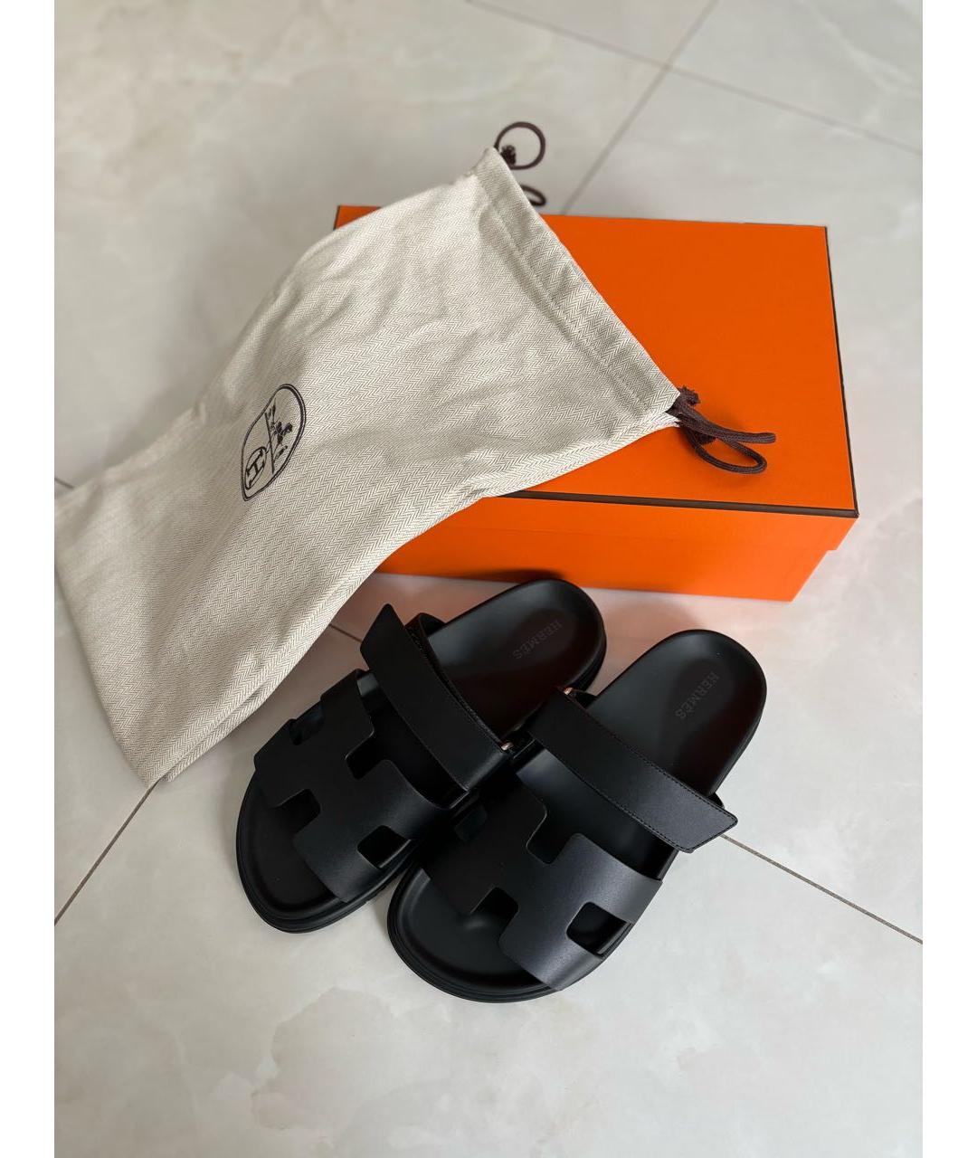 HERMES Черные кожаные шлепанцы, фото 7