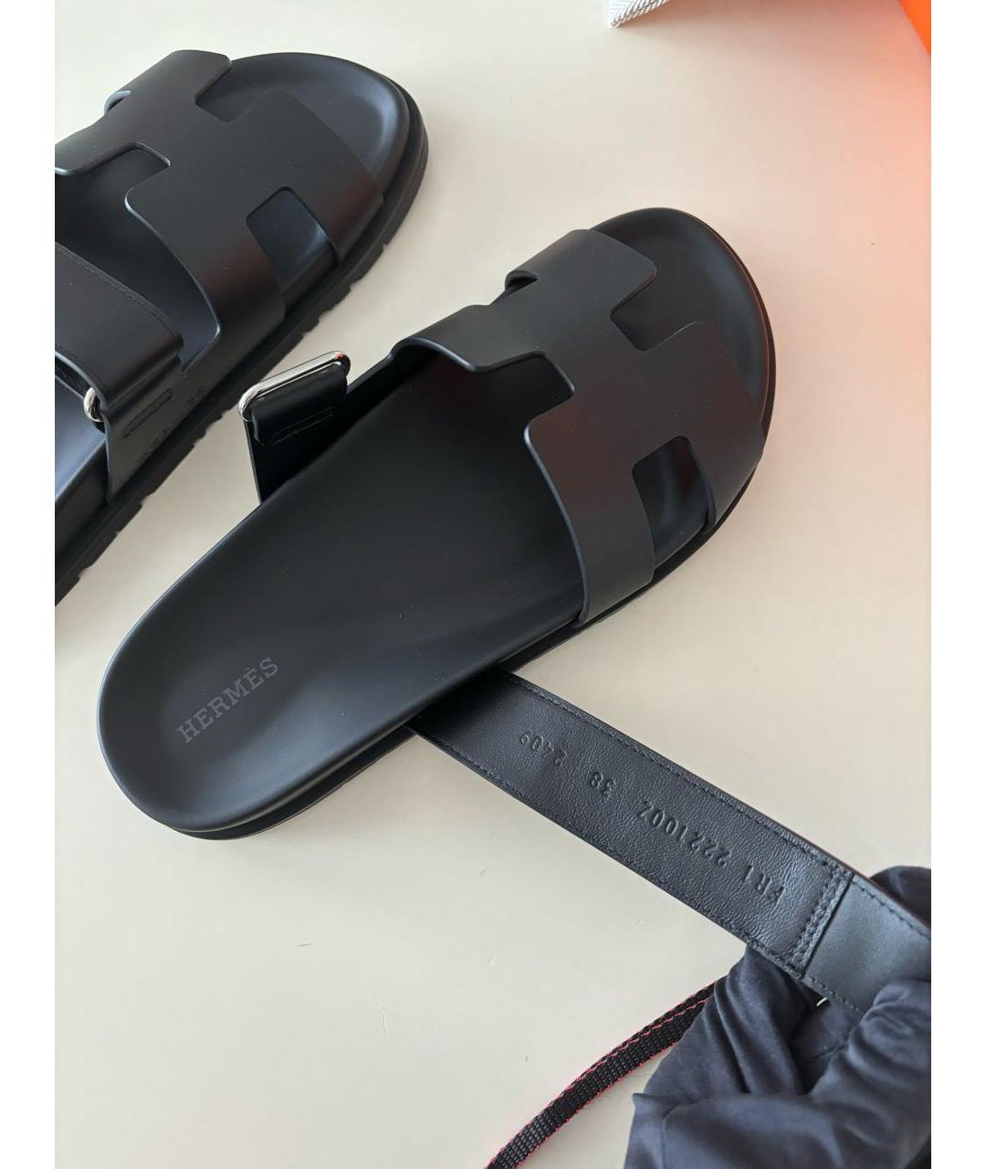HERMES Черные кожаные шлепанцы, фото 4