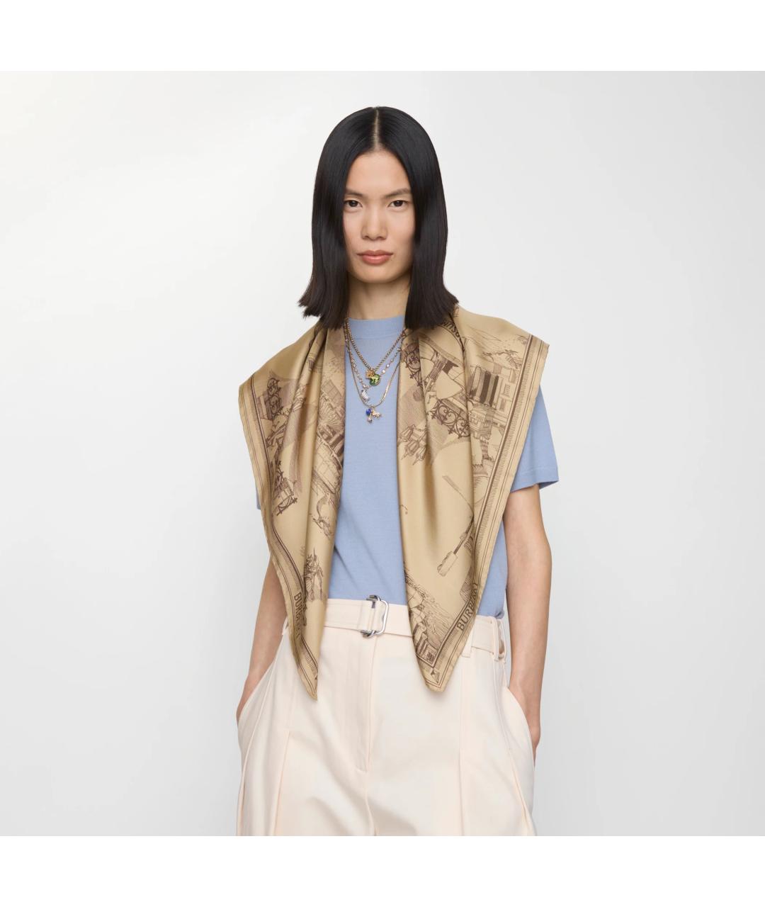 BURBERRY Бежевый шелковый платок, фото 2