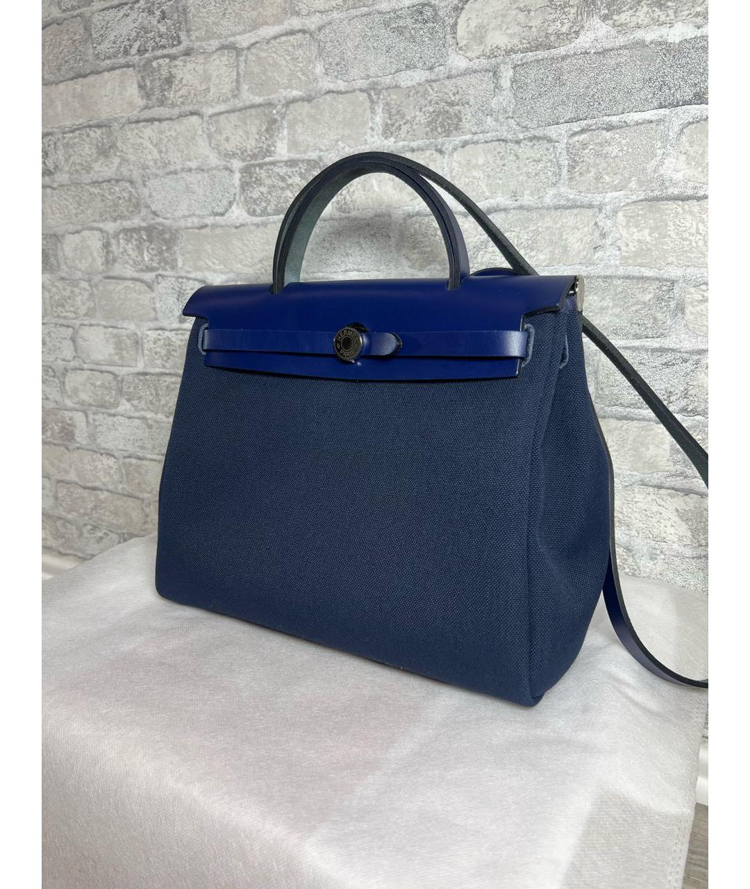 HERMES Темно-синяя кожаная сумка с короткими ручками, фото 3