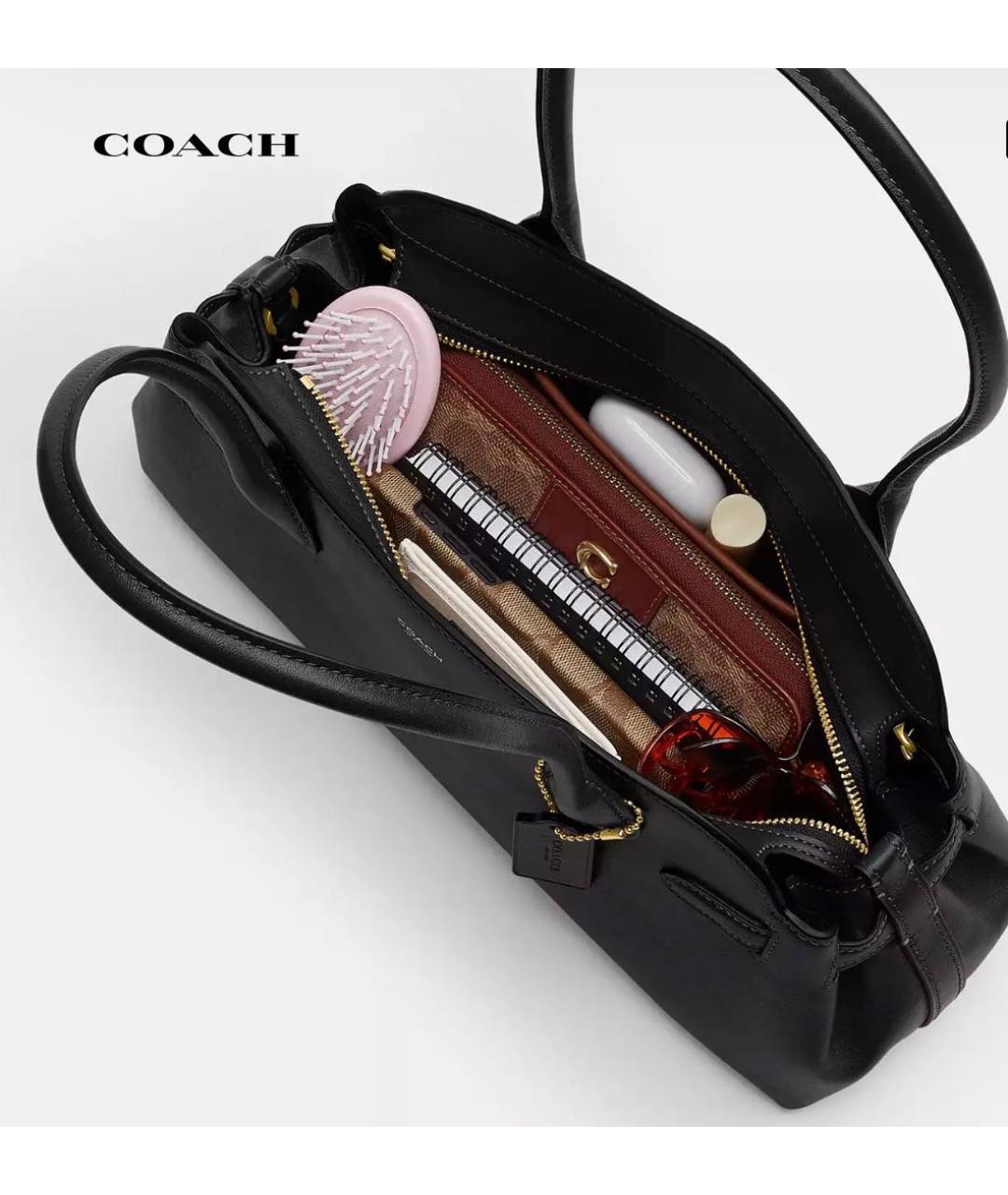 COACH Черная кожаная сумка с короткими ручками, фото 5