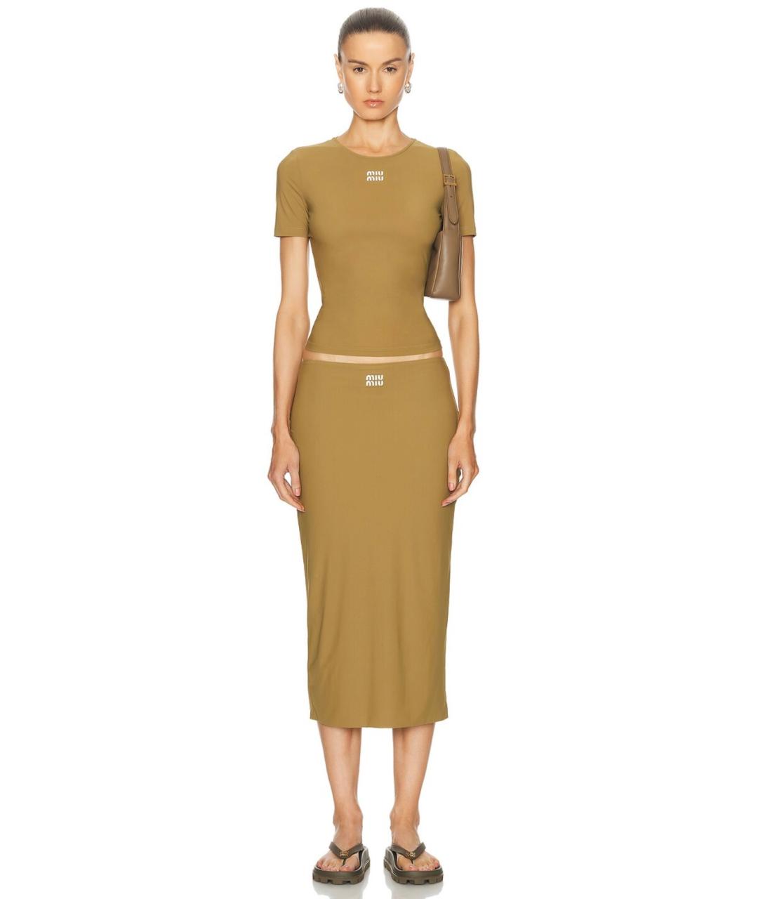 MIU MIU Горчичная полиамидовая юбка миди, фото 2