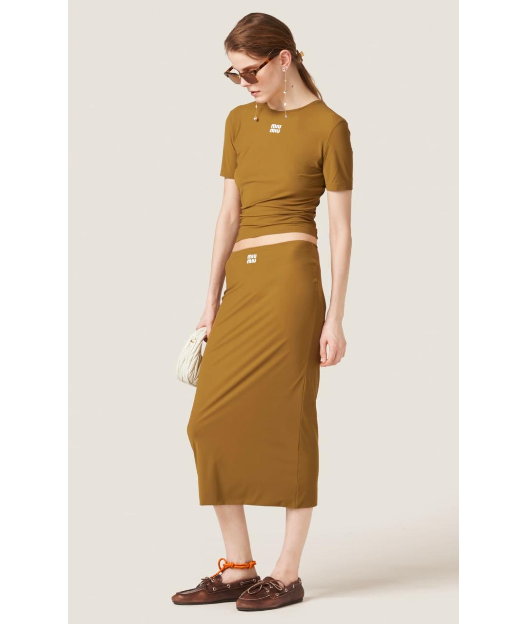 MIU MIU Горчичная полиамидовая юбка миди, фото 3