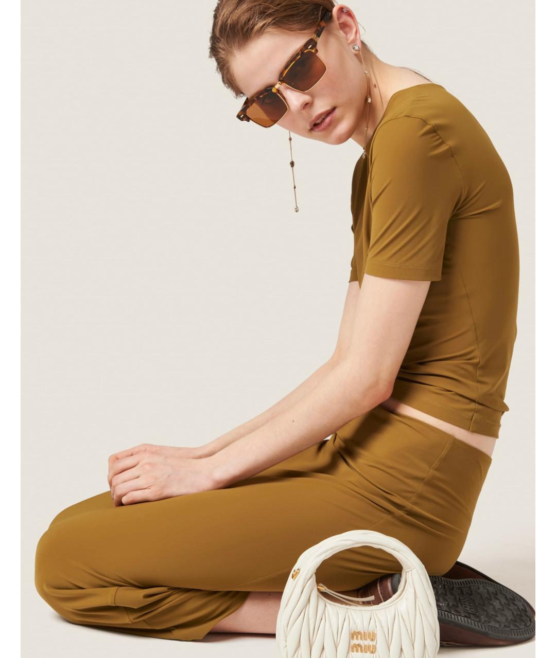 MIU MIU Горчичная полиамидовая юбка миди, фото 5