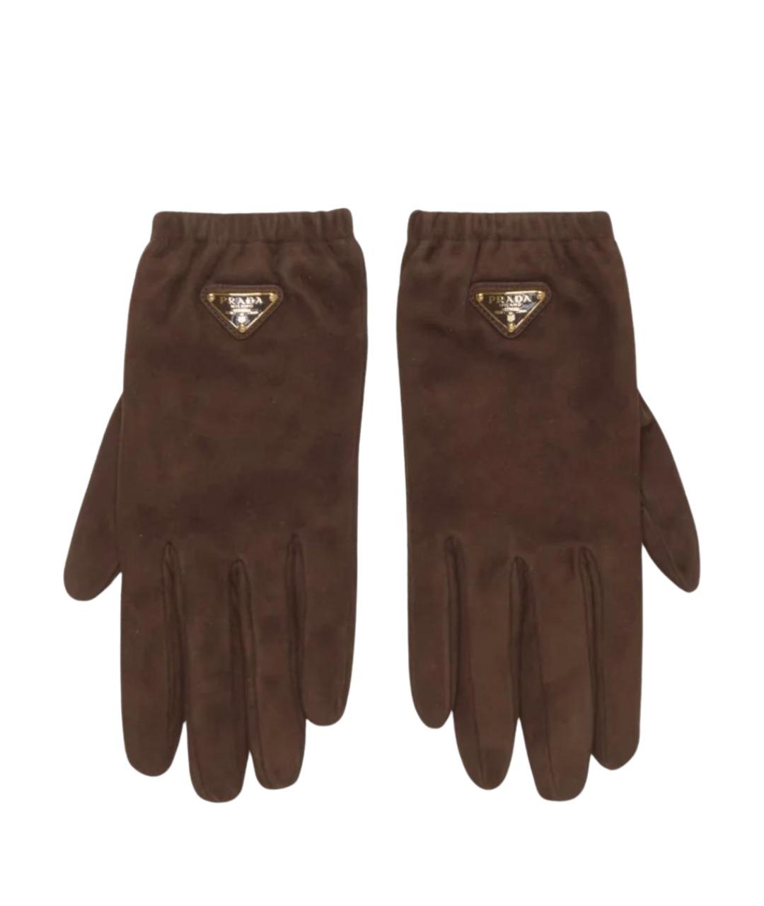 PRADA Коричневые кожаные перчатки, фото 1
