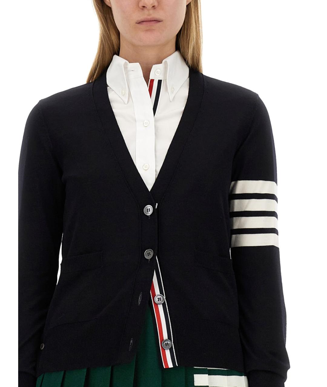 THOM BROWNE Темно-синий шерстяной кардиган, фото 4