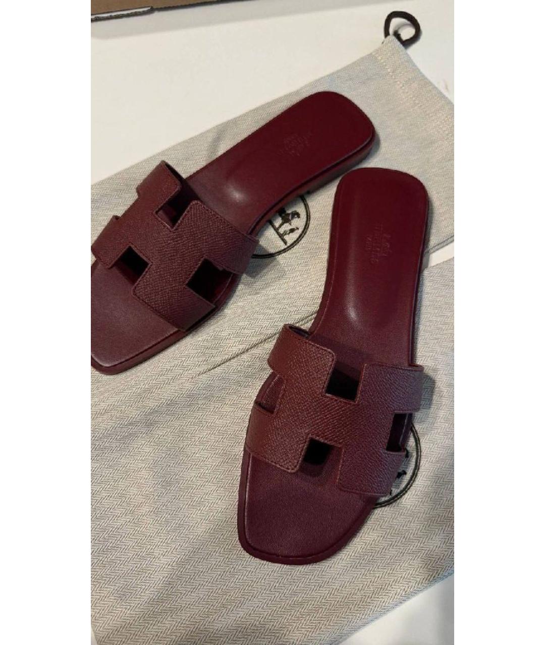 HERMES Бордовые кожаные шлепанцы, фото 4