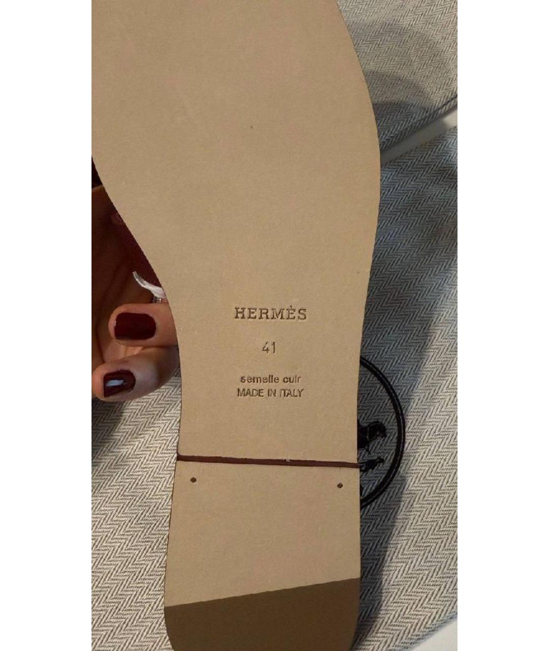 HERMES Бордовые кожаные шлепанцы, фото 3