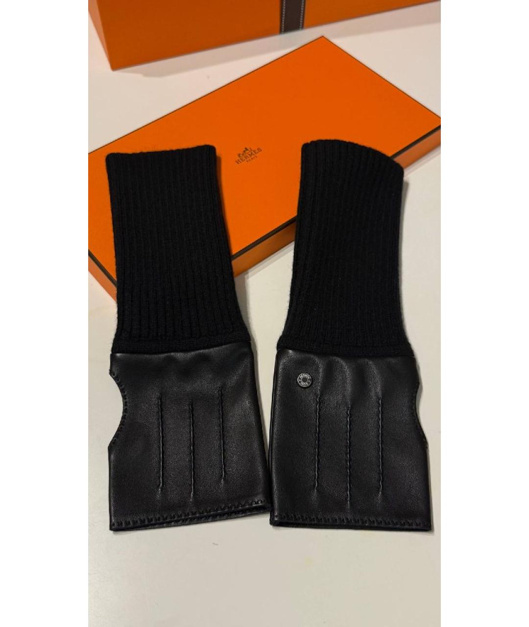 HERMES Черные кожаные митенки, фото 2