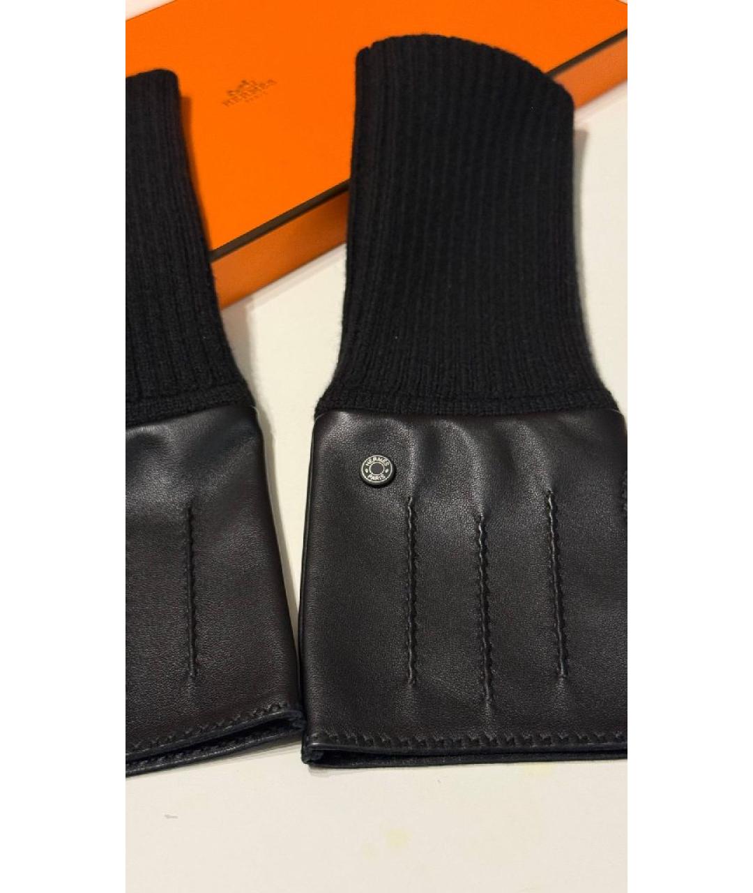 HERMES Черные кожаные митенки, фото 3