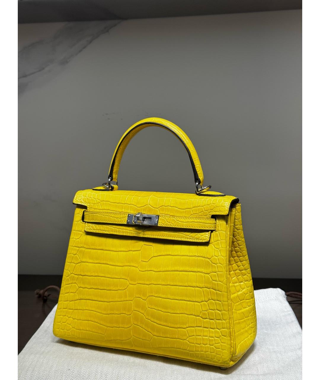HERMES Желтая сумка с короткими ручками из экзотической кожи, фото 2