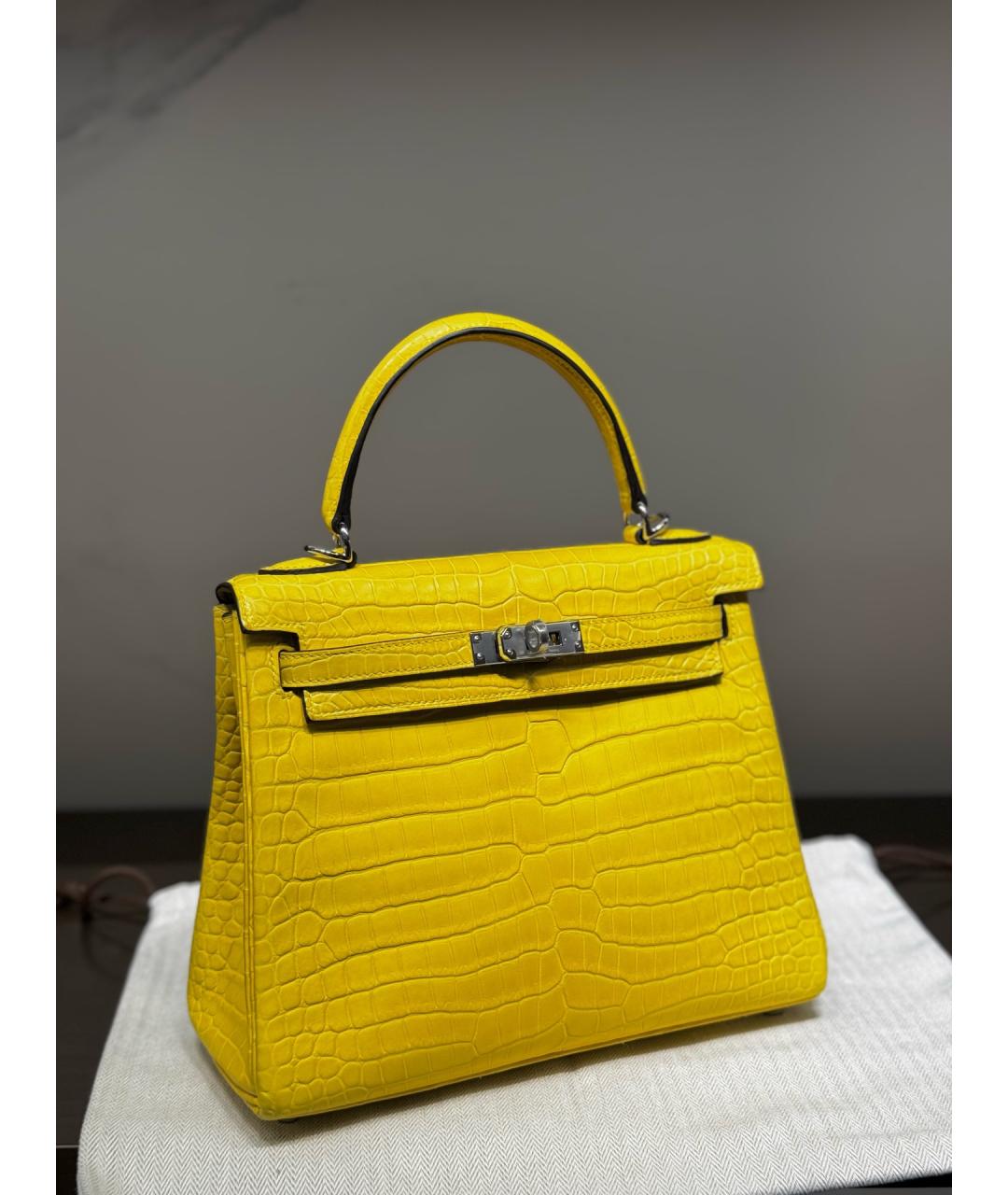 HERMES Желтая сумка с короткими ручками из экзотической кожи, фото 5