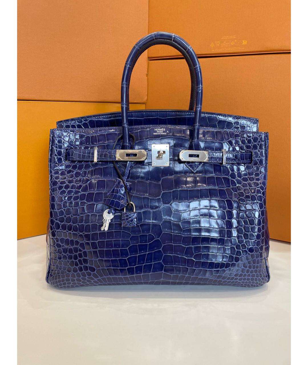 HERMES Темно-синяя сумка с короткими ручками из лакированной кожи, фото 8