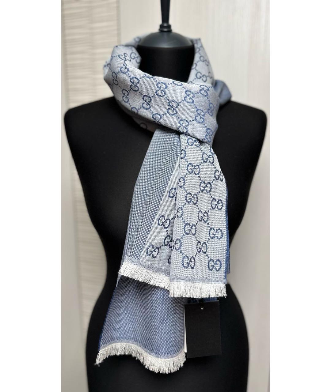 GUCCI Голубой шерстяной шарф, фото 9