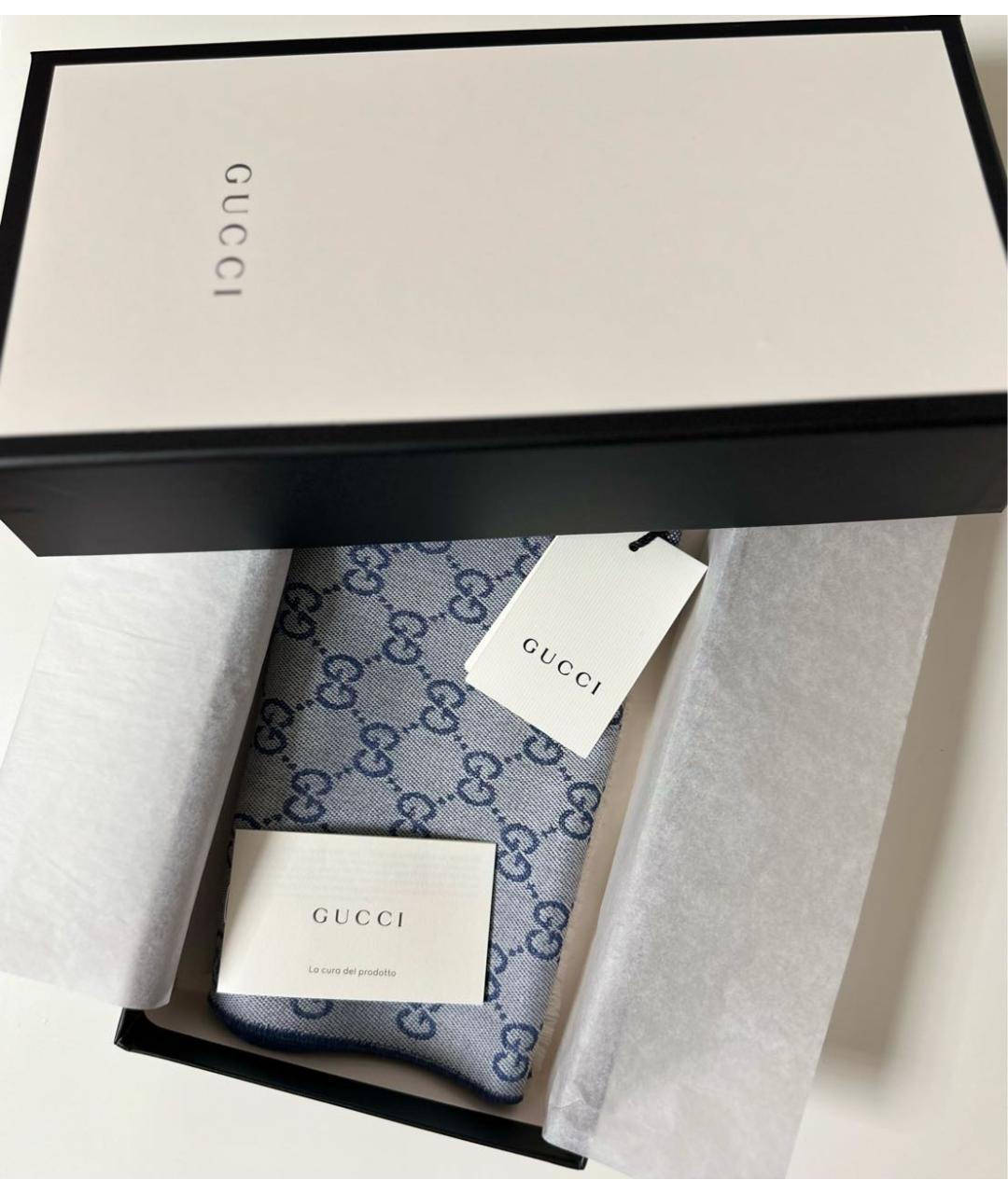 GUCCI Голубой шерстяной шарф, фото 4