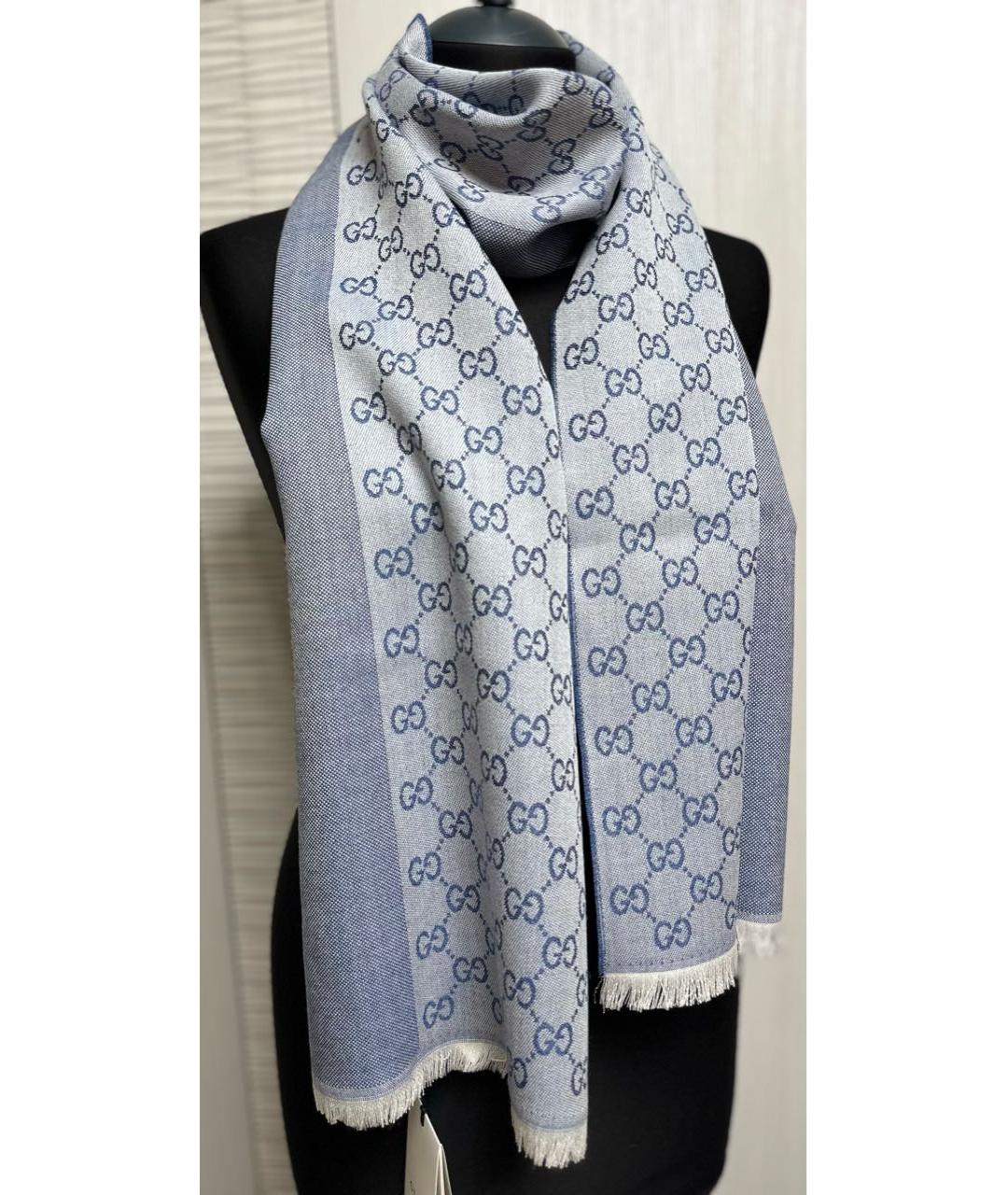 GUCCI Голубой шерстяной шарф, фото 7