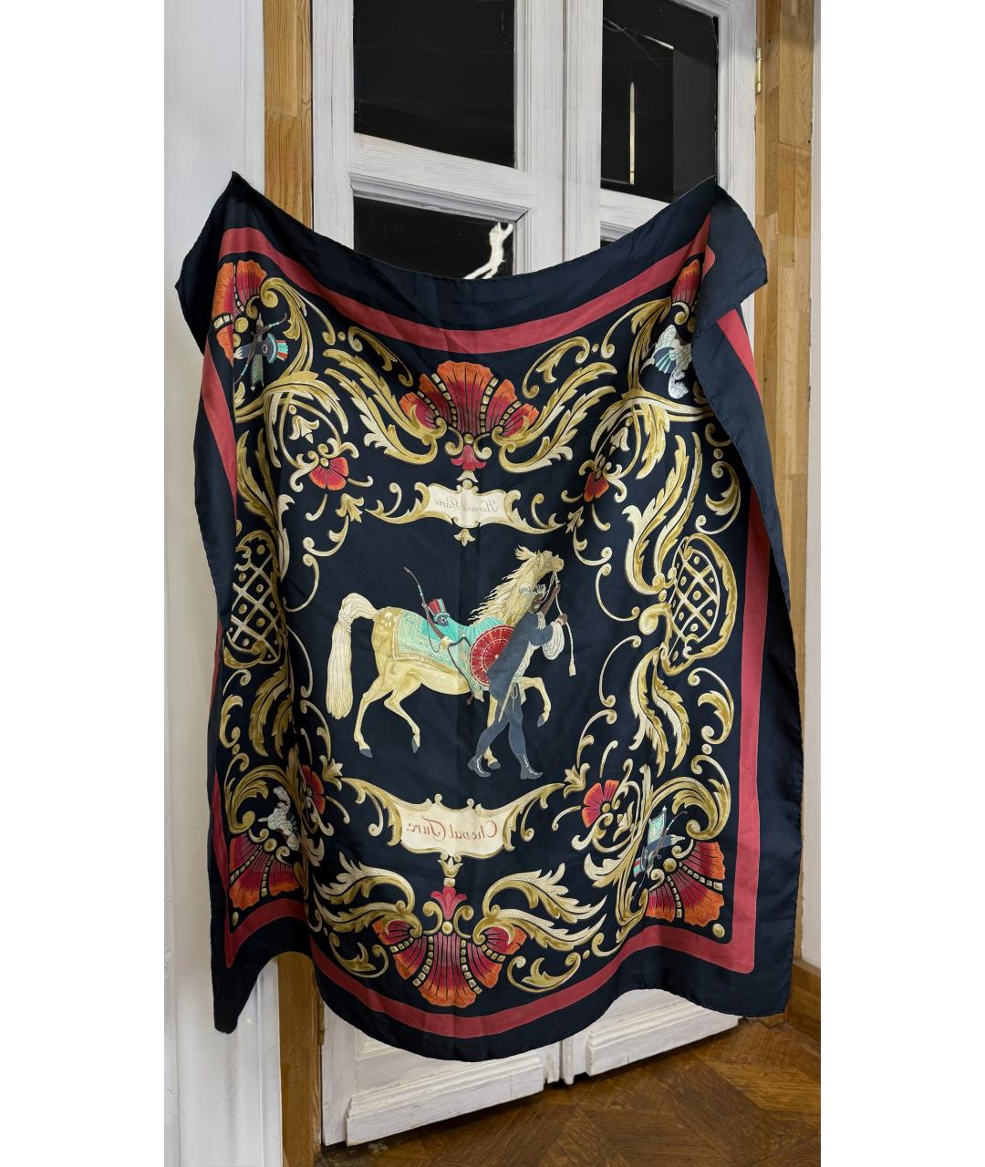 HERMES Черный шелковый платок, фото 5