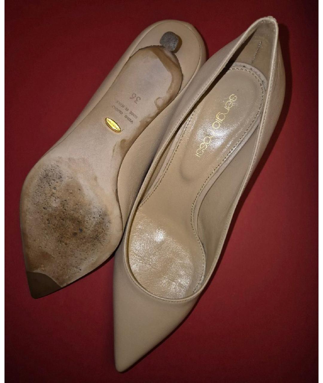 SERGIO ROSSI Бежевые кожаные лодочки на низком каблуке, фото 4