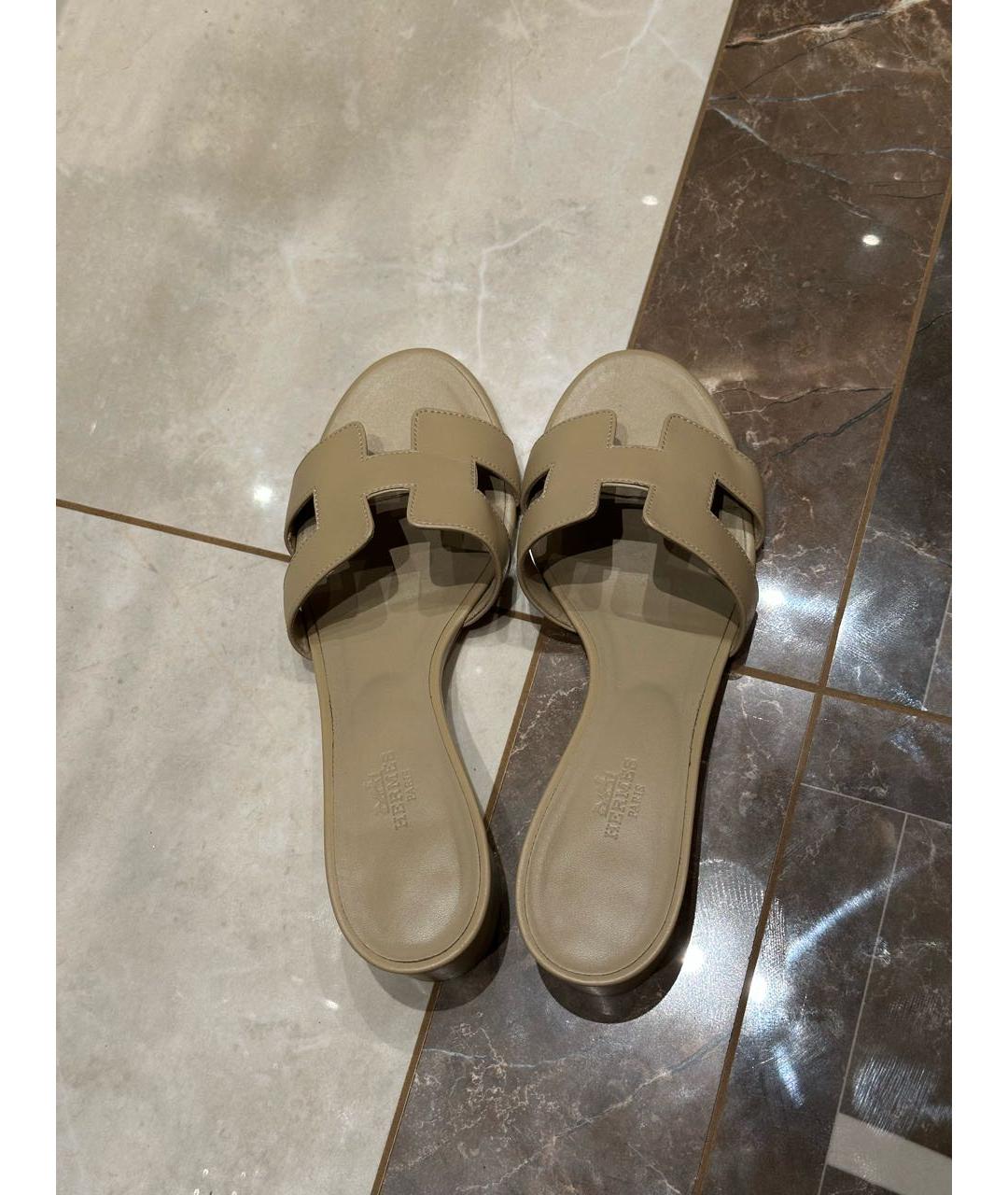 HERMES Бежевые кожаные мюли, фото 3