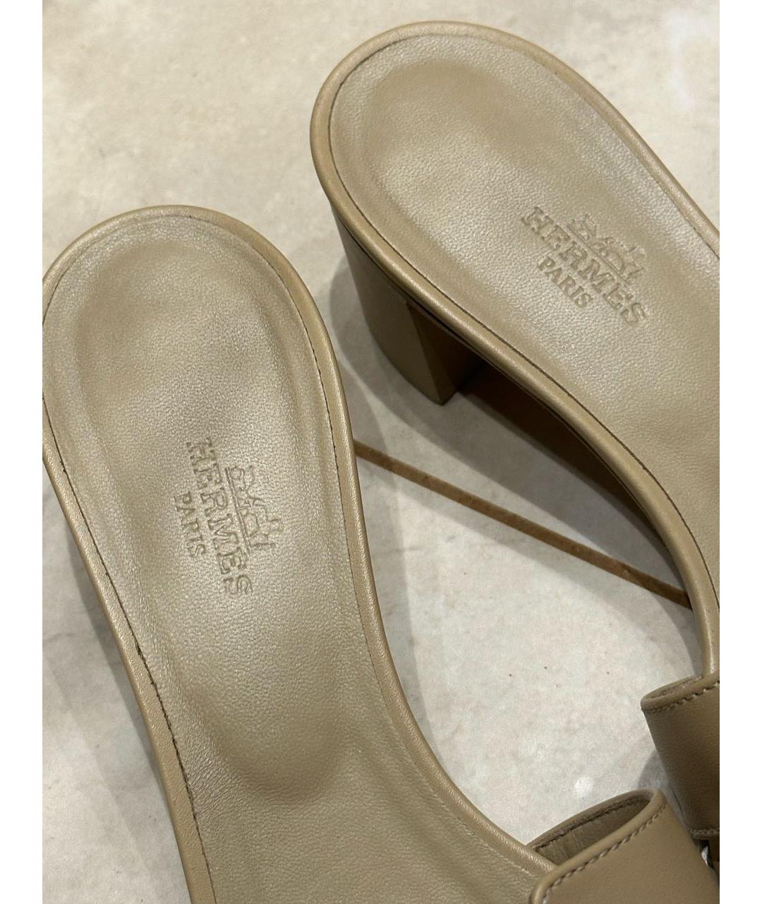 HERMES Бежевые кожаные мюли, фото 7