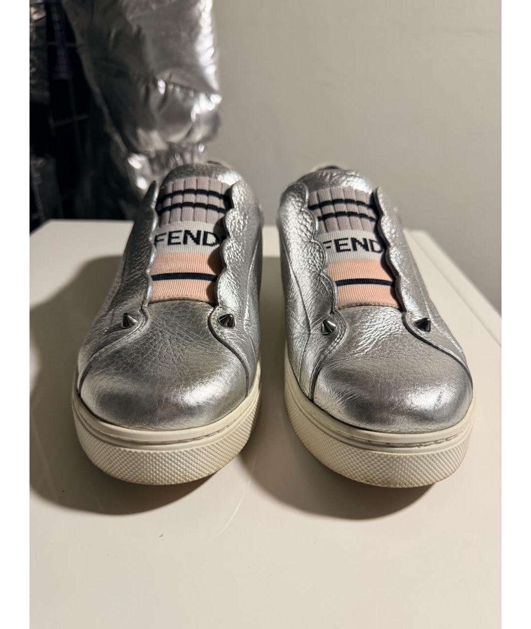 FENDI Серебряные кожаные кеды, фото 2
