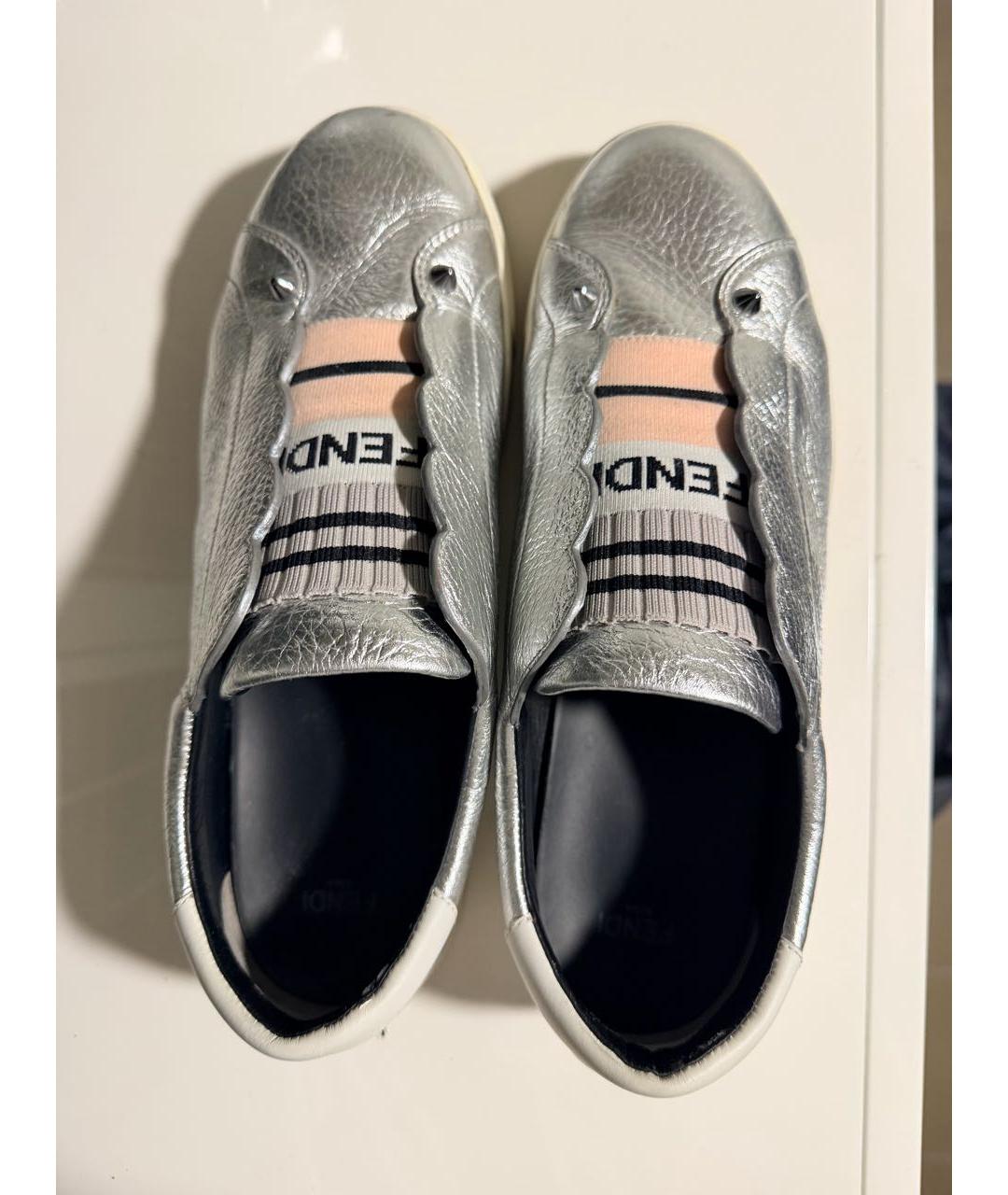 FENDI Серебряные кожаные кеды, фото 3