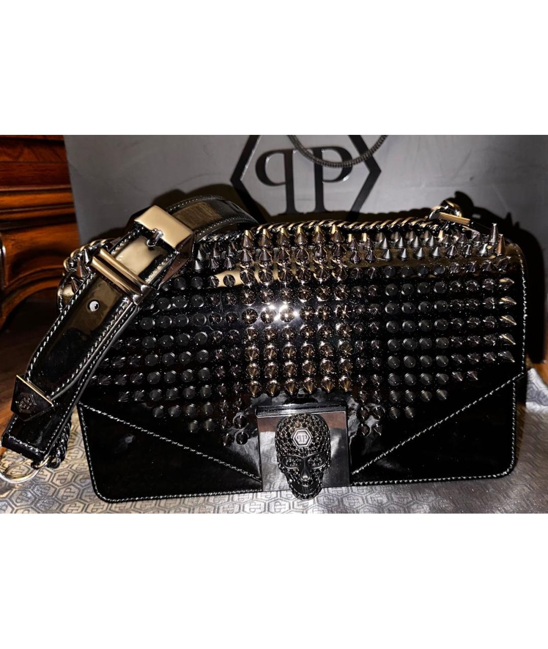 PHILIPP PLEIN Черная сумка через плечо из лакированной кожи, фото 8