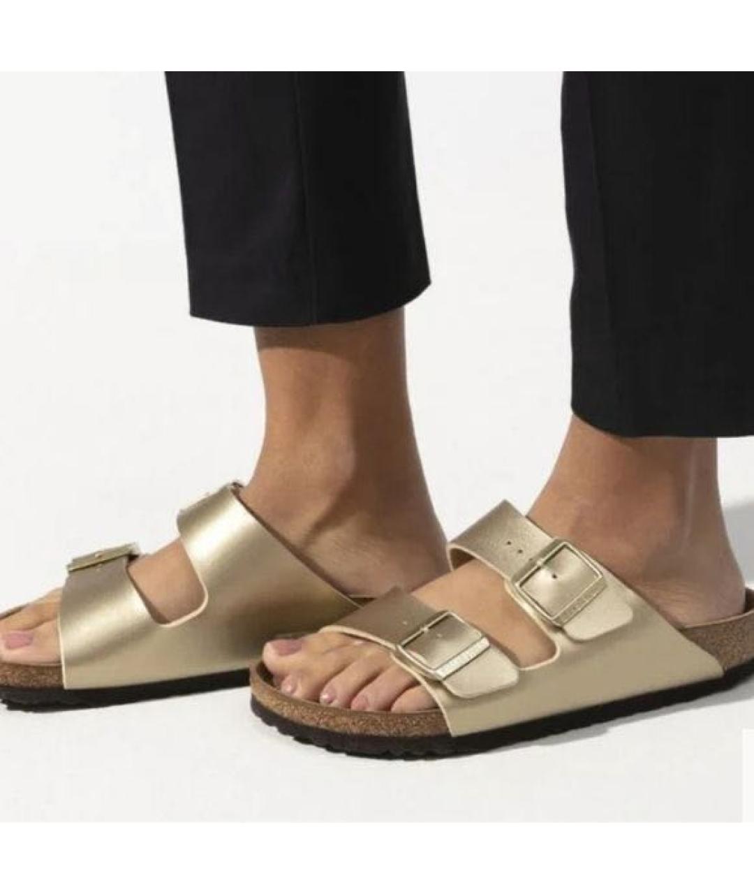 BIRKENSTOCK Золотые кожаные шлепанцы, фото 3