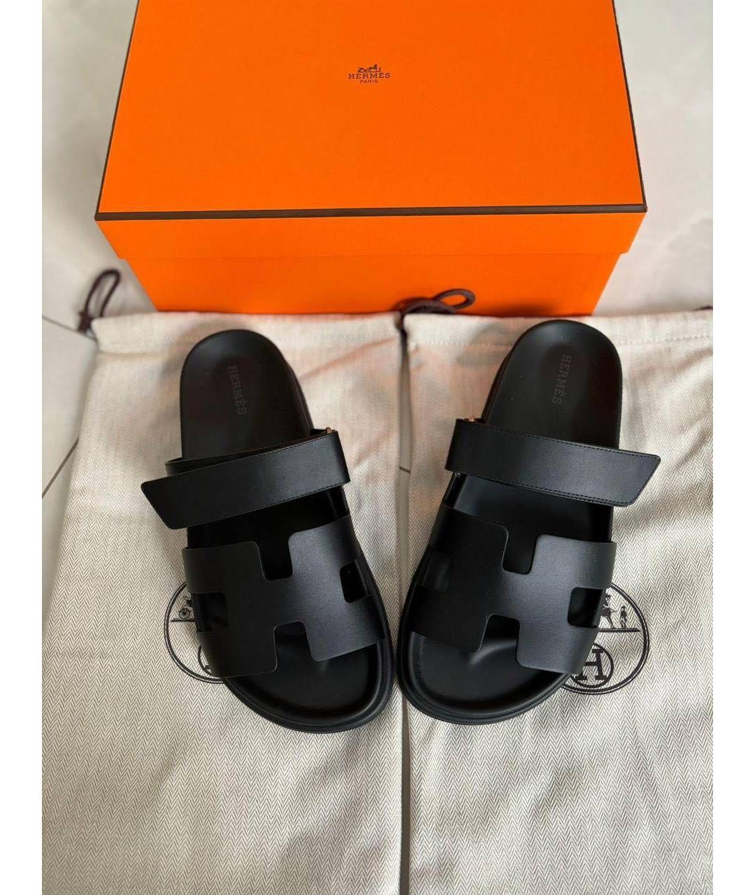 HERMES Черные кожаные шлепанцы, фото 4