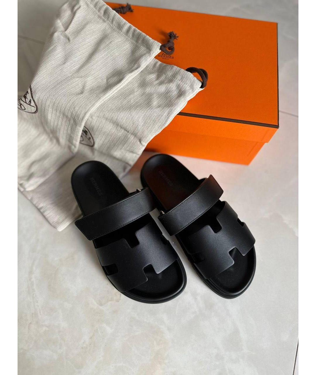 HERMES Черные кожаные шлепанцы, фото 2